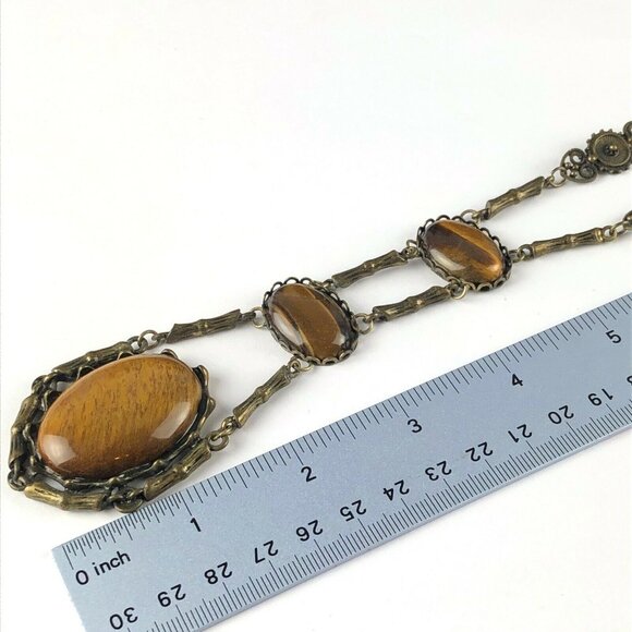 Vintage Brass Tone Necklace 30" Triple Tiger's Eye Stone - Picture 2 of 6